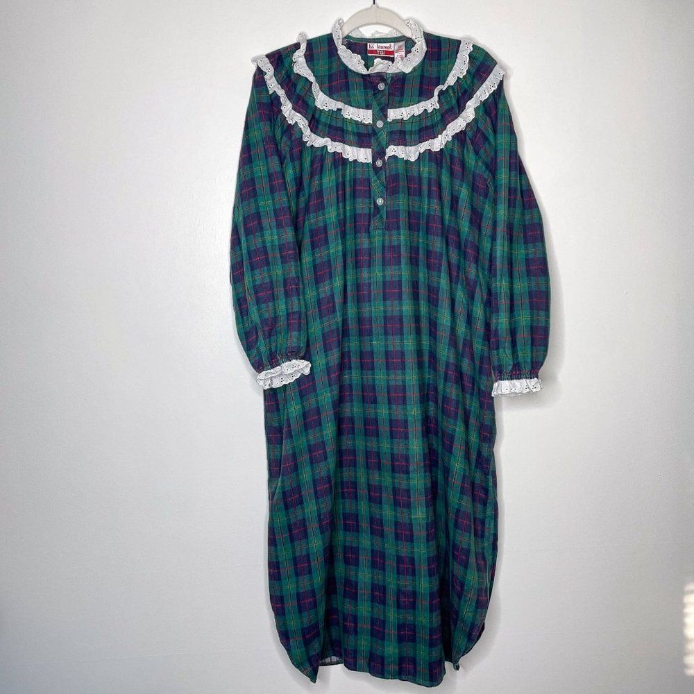 Liz Laurent Vintage‎ Plaid Flannel Night Gown White Ruffles 100% cotton